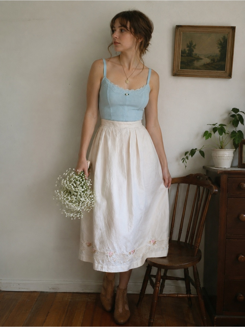 Classic Cream Midi Skirt with Subtle Embroidery